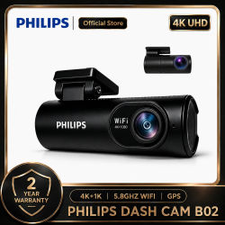 Cámara para Auto PHILIPS Dash Cam B02 4K+1K HDR, Cámara Dual Delantera y Trasera, WiFi 2.4GHz y 5.8GHz, GPS, Monitor de Estacionamiento 24H, Control por Aplicación, DVR para Auto