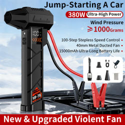 Aspiradora 3 en 1 con Ventilador Turbo Jet y Arrancador de Coches, 380W, 15000mAh, ≥1000g de Presión de Aire, Control de 100 Velocidades, Batería Portátil para Coche