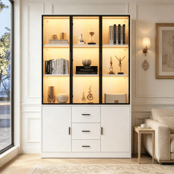 Vitrina alta blanca con puertas de vidrio, estantería de almacenamiento grande de múltiples niveles, vitrina de colección, 3 cajones más puertas de gabinete, mueble independiente a prueba de polvo,