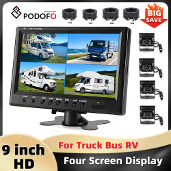 Monitor de coche Podofo de 12V-35V y 9'' con pantalla cuádruple dividida, IP66 a prueba de agua, para salpicadero, con cuatro cámaras de visión trasera para autobús.