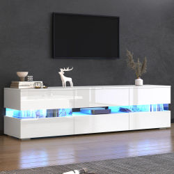 Mueble TV moderno blanco brillante 160x39x45cm - Luz LED + 1 cajón + compartimento abierto, gestión de cables, se adapta a televisores de 70 pulgadas