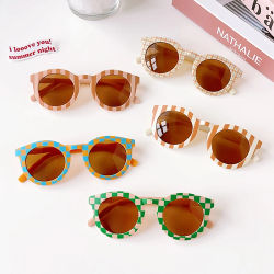Nuevas Gafas de Sol Redondas con Panel a Cuadros para Niños, Protección UV400, Gafas de Sol para Niñas, Protección Solar para Exteriores