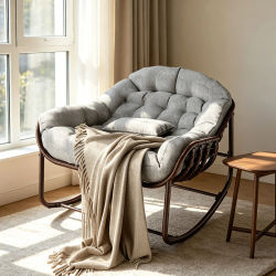 Sillón mecedora extragrande de mimbre y ratán para exteriores con cojín resistente al agua, estructura metálica de alta resistencia, capacidad de 450 libras, cómoda silla mecedora tipo huevo para