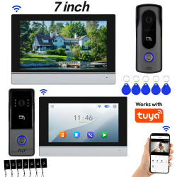 Videoportero Tuya Wifi de 7 Pulgadas con 4 Cables, Monitor HD, RFID, Cámara IR Metálica, Intercomunicador Visual, Audio Bidireccional, Desbloqueo por APP