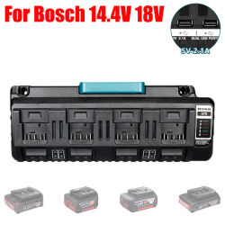 Cargador rápido de 4 puertos para baterías de litio, compatible con carga de teléfonos móviles para baterías de litio Bosch de 14,4–18 V con puerto USB