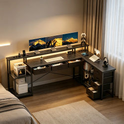 Escritorio para computadora en forma de L con soporte para monitor, luz LED, enchufes, 7 cajones y estantes, escritorio esquinero para juegos y oficina en casa, marrón/beige/gris