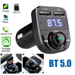 Transmisor FM inalámbrico con Bluetooth y reproductor de MP3, receptor de Radio con llamadas manos libres, Cargador USB Dual y adaptador estéreo de música