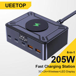 Ueetop-cargador GaN de 205W con pantalla Digital, cargador USB tipo C de escritorio PD 100W PPS 45W QC4.0, carga rápida para ordenador portátil, tableta y teléfono