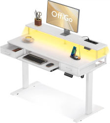 OffiGo Escritorio Elevable con Cajones, Mesa Elevable Escritorio con Bandeja para Teclado, Mesa Regulable Altura con Soporte para Monitor, Standing Desk con Enchufes y LED Luz, 120cm, Blanco
