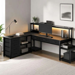 Escritorio en Forma de L con Iluminación LED, Toma de Corriente Integrada y Puerto USB, Estante para Monitor, Múltiples Cajones, Color Negro-Blanco Seleccionable, Escritorio Reversible para Juegos y