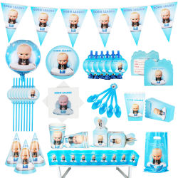 Nuevo Baby Boss, decoración de globos para fiesta de cumpleaños favorita del niño, vajilla desechable, estante para pastel de fondo con regalo de mano