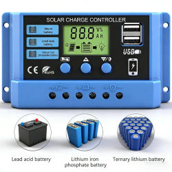 Controlador de Carga Solar 10/20/50A, Regulador Solar 12V/24V, Cargador de Batería con Pantalla LCD, Salida Dual USB 5V, Configuración de Temporizador