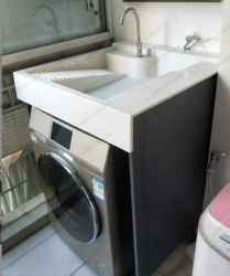Mueble de lavandería compacto en forma de Y, combinación de lavabo integrado, lavadora de tambor, ranura para lavabo auxiliar, diseño en ángulo