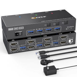Interruptor KVM de doble Monitor, dispositivo con USB 3,0, HDMI, emulador EDID, 4K @ 60Hz 2K @ 144Hz con 4 puertos USB 3,0, 3 monitores