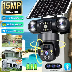 Cámara Solar V380 Pro de 15MP para Exteriores, 3 Lentes, Tres Pantallas, Cámara WIFI con Visión Nocturna, Video de Seguridad 8K HD, Batería, Monitor CCTV
