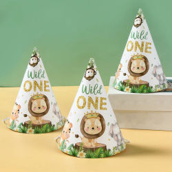 Sombrero de papel de animales de la selva para niños, decoraciones de fiesta de primer cumpleaños, bosque salvaje, suministros para Baby Shower