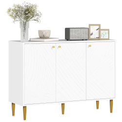 HOMCOM Buffet, mueble de almacenaje, con 2 armarios, estantes regulables, 3 puertas con líneas talladas, patas de acero doradas, blan