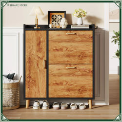 Zapatero Abatible, Mueble Zapatero Estrecho con 2 Compartimentos Abatibles y Asas, Organizador de Zapatos de Madera Inclinable que Ahorra Espacio