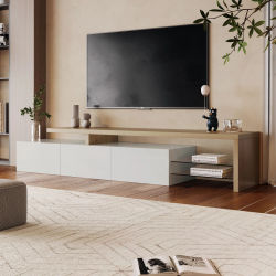 Mueble de TV Moderno Fangange con Iluminación LED, Soporte para TV con Espacio de Almacenamiento, Estantes de Vidrio, para TV de 55/60/65 Pulgadas