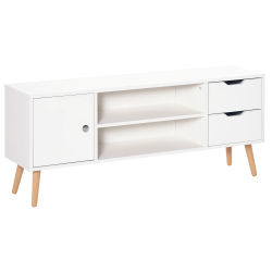 Mueble para TV HOMCOM, Estilo Escandinavo, con 2 Compartimentos Abiertos, 2 Cajones, Gestión de Cables, Tablero de Partículas, Blanco, Madera Pin