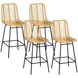 Juego de 4 taburetes de bar, sillas de bar, respaldo y reposapiés de mimbre, estructura de acero, 42,5x52x cm, amarillo