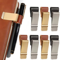 Portaplumas de cuero y acero inoxidable, clip para cuaderno, carpeta de papel, accesorio de oficina para escribir, 1 ud.