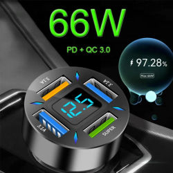 Cargador de coche de 4 puertos y 66W, adaptador de encendedor de cigarrillos de carga rápida PD + QC + USB, cargador de teléfono de carga rápida para iPhone, Xiaomi y Samsung