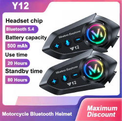 Auriculares Bluetooth 5.4 para Casco de Motocicleta Y12, Control de Voz Estéreo, Llamadas Manos Libres, Impermeables, 500 mAh, con Luz Ambiental