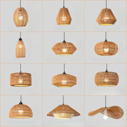 Lámpara colgante de ratán bohemio, lámpara colgante de cuerda de cáñamo tejida a mano E27 de granja Vintage, lámpara colgante de cesta de mimbre Retro