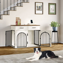 Mueble Jaula para Perros con 2 Cajones, Caja para Perros para Uso en Interiores con Estación de Carga, Mesa Auxiliar de Madera para Jaula de Perros