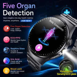 Nuevo Reloj Inteligente de Salud 2026 con Detección de Cinco Órganos, ECG+PPG, Monitor de Salud de Ácido Úrico y Lípidos en Sangre, Cristal de Zafiro, Llamadas Bluetooth