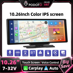 Podofo - Monitor DVR Universal Inalámbrico para Automóvil con Carplay y Android Auto, Control por Voz FM, Cámara de Reversa y Grabadora de Conducción con Tarjeta, Dispositivo Multimedia Práctico