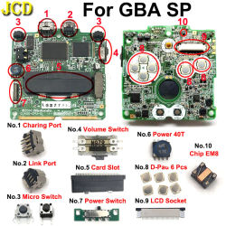 Placa base JCD, interruptor de volumen de Micro alimentación, botón D-Pad, ranura para tarjeta de altavoz, conector FPC de pantalla LCD para consola de juegos GBA SP