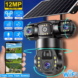 Cámara solar V380 de 12MP, cámara WiFi con panel solar para exteriores, triple lente, seguridad para el hogar, CCTV, videovigilancia, protección, monitor con triple pantalla.