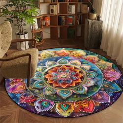 Alfombra Redonda Mandala, Alfombra Geométrica para Piso, Alfombra Circular Art Deco, Alfombra Tradicional Antideslizante, Alfombras Negras para Sala de Estar