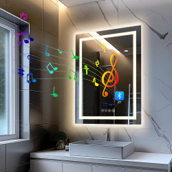 Espejo de baño cuadrado con luz LED, espejo de tocador de pared inteligente con Altavoz Bluetooth, iluminación frontal y retroiluminación táctil antivaho