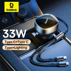 Cargador de coche Baseus 2 en 1 PD 20W Cable retráctil de carga rápida 30W 33W cargador de teléfono de carga rápida tipo C para Xiaomi iPhone
