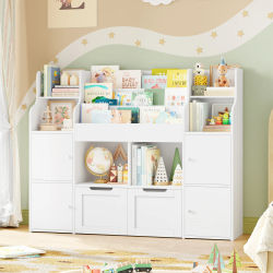 Getone Estantería Infantil, Organizador de Juguetes para Niños, Mueble Almacenaje Juguetes, Librería Infantil Montessori, Con 13 estantes, 2 puertas, 2 cajones con ruedas 122x30x100cm