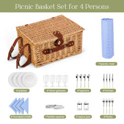 Cesta de Picnic, Cesta de Picnic de Mimbre para 4 Personas, Manta de Picnic Impermeable y Utensilios, Cesta de Picnic con Nevera Portátil para Camping