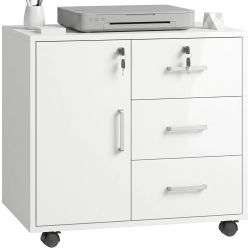 HOMCOM Mueble para Impresora con Ruedas Mesa para Impresora con Puerta y 3 Cajones Cerraduras Estante Ajustable Blanco