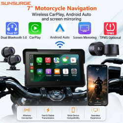 Sunsurge, GPS portátil de 7" para motocicletas, con navegación inalámbrica, compatibilidad con Carplay y Android Auto, grabadora de vídeo para el coche, monitor para motocicletas, grabación dual en