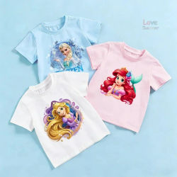 Camiseta de manga corta de verano para niñas de 3 a 14 años, Frozen, Elsa, Princesa Ariel, Rapunzel, regalos para niños y bebés