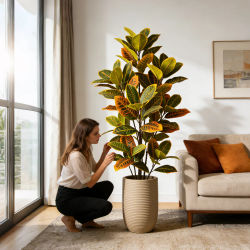 Plantas Artificiales de 58/115 cm, Árbol de Ficus Artificial, Hojas de Árbol de Banyan Grandes de Plástico, Hojas de Croton Tropicales Realistas para Decoración del Hogar y Jardín