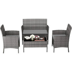 Juego de muebles de jardín, muebles ratán para balcón, 4 piezas, peque?o conjunto asientos con 2 sillones, sofá y mesa