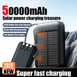 Banco de energía Solar de 50000mAh, Cables integrados, cargador rápido, 2 puertos USB, cargador externo, luz LED para Iphone, Xiaomi y Samsung