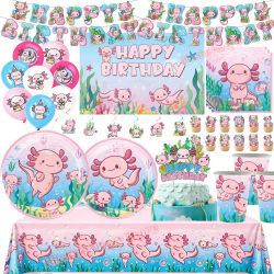 Decoración de Fiesta de Cumpleaños de Ajolote de Dibujos Animados, Platos, Vasos y Globos de Salamandra Rosa para Niños, Regalos, Artículos para Baby Shower