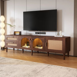 Mueble para TV de 180 cm, color marrón, para televisor de 80 pulgadas – con 2 cajones de ratán, 2 puertas de vidrio curvado y 1 puerta de ratán, iluminación LED, soporte para TV