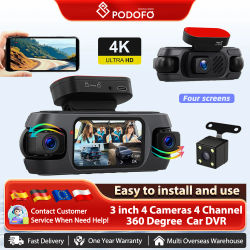 Podofo GPS Grabador para automóvil Cuatro lentes 360 ° Coche DVR asistencia de estacionamiento inverso visión nocturna WIFI APP Control Monitor de estacionamiento