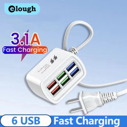 Regleta de alimentación con 6 cargadores USB, adaptador de cargador de teléfono con enchufe Universal de carga rápida para UE/EE. UU., Cable de extensión de enchufe eléctrico, enchufe de mesa