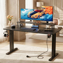 Escritorio ergonómico para juegos con enchufes, tablero de fibra de carbono con soporte para vasos y gancho para auriculares, para juegos con soporte para monitor